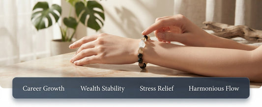 Black Gold Super Seven & White Moonlight Crystal Bracelet – Natural Crystal Bracelet for Career Growth, Balance & Positive Energy