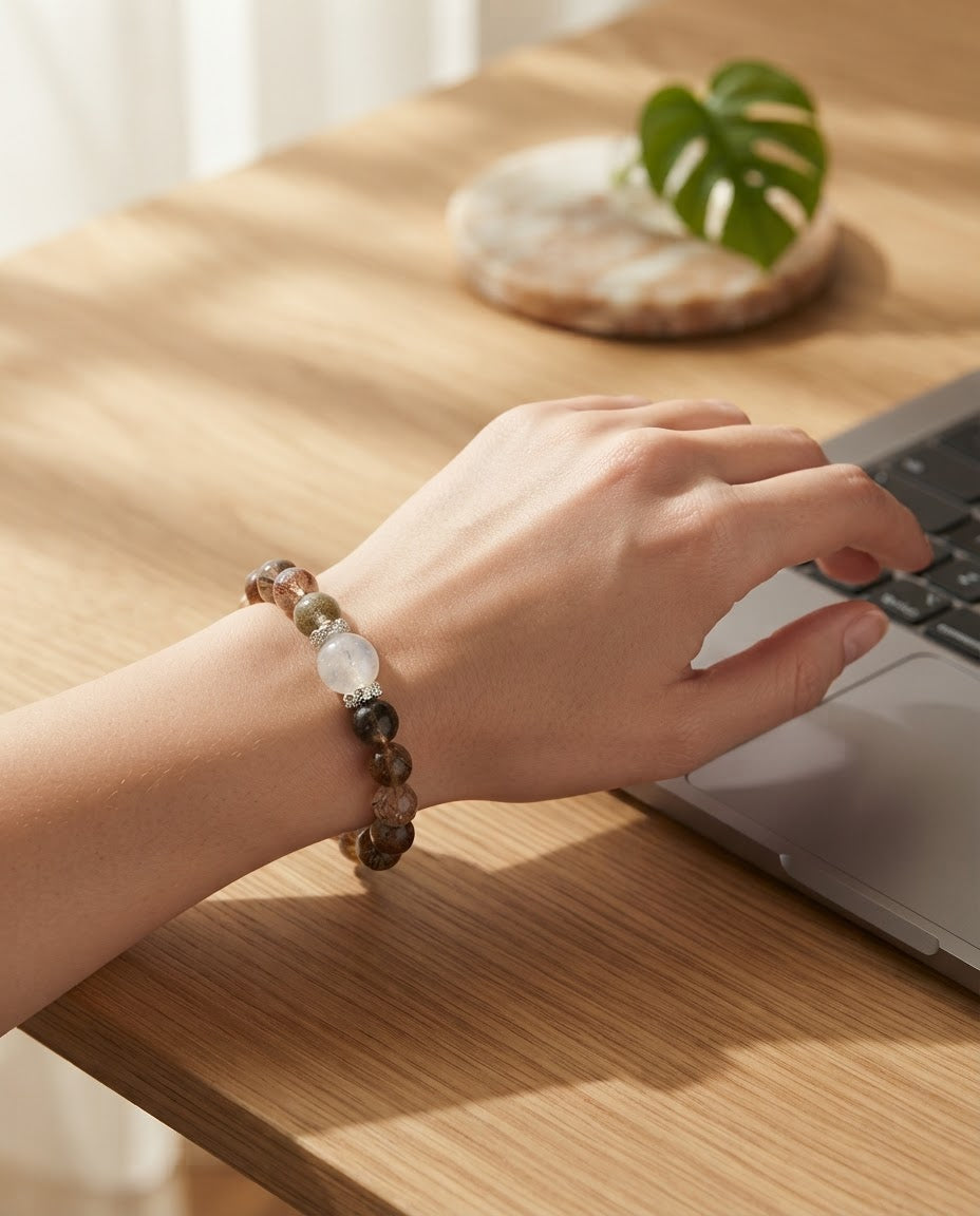 Black Gold Super Seven & White Moonlight Crystal Bracelet – Natural Crystal Bracelet for Career Growth, Balance & Positive Energy