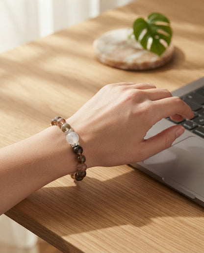 Black Gold Super Seven & White Moonlight Crystal Bracelet – Natural Crystal Bracelet for Career Growth, Balance & Positive Energy
