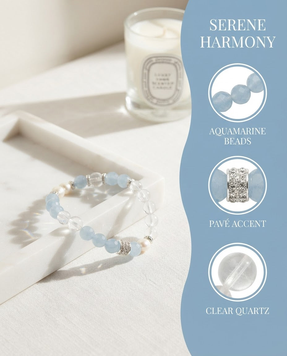 Aquamarine & Clear Quartz Bracelet – Natural Crystal Bracelet for Calm Communication, Clarity & Positive Energy