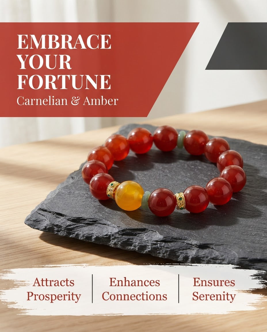 Red Agate & Amber Fortune Bracelet – Natural Multi-Stone Bracelet for Prosperity, Positive Connections & Harmony