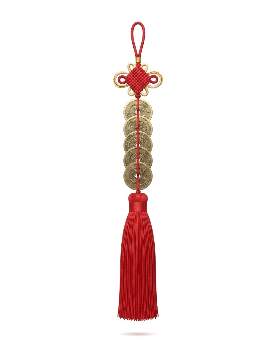 Chinese Taoist Feng Shui Thick Fortune Knot Five Emperor Coins Charm with Double Tassels – Protection, Wealth Luck, Energy Balance & Good Fortune Amulet