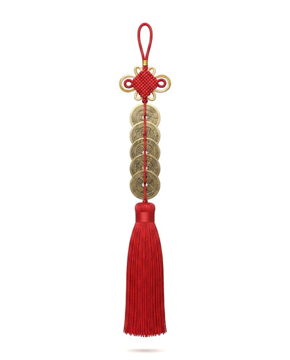 Chinese Taoist Feng Shui Thick Fortune Knot Five Emperor Coins Charm with Double Tassels – Protection, Wealth Luck, Energy Balance & Good Fortune Amulet