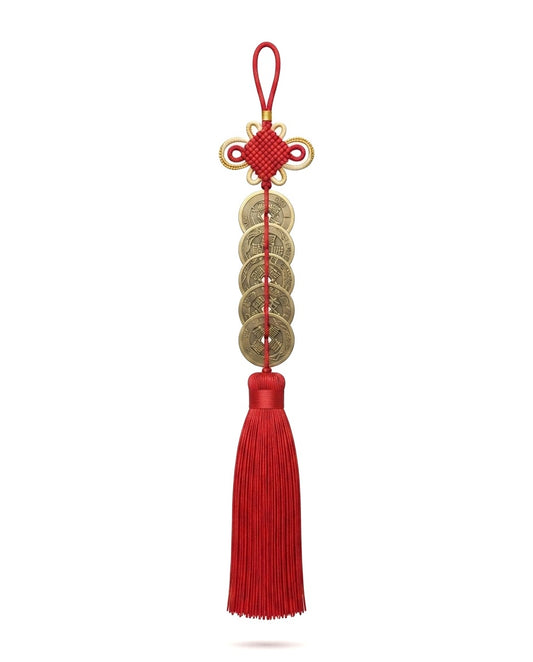 Chinese Taoist Feng Shui Thick Fortune Knot Five Emperor Coins Charm with Double Tassels – Protection, Wealth Luck, Energy Balance & Good Fortune Amulet