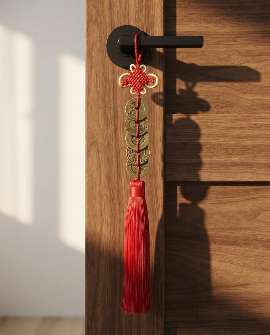 Chinese Taoist Feng Shui Thick Fortune Knot Five Emperor Coins Charm with Double Tassels – Protection, Wealth Luck, Energy Balance & Good Fortune Amulet