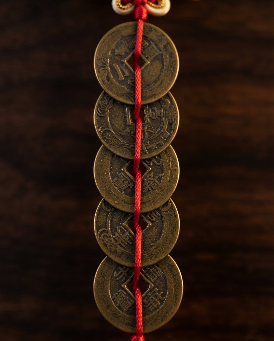 Chinese Taoist Feng Shui Thick Fortune Knot Five Emperor Coins Charm with Double Tassels – Protection, Wealth Luck, Energy Balance & Good Fortune Amulet