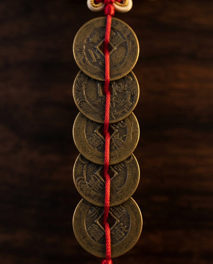 Chinese Taoist Feng Shui Thick Fortune Knot Five Emperor Coins Charm with Double Tassels – Protection, Wealth Luck, Energy Balance & Good Fortune Amulet