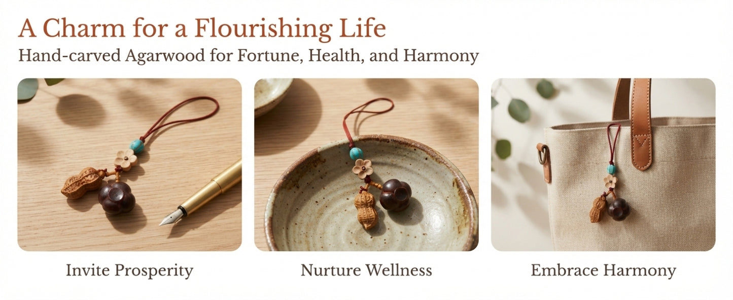 Handcrafted Chinese Wooden Pumpkin & Peanut Blessing Ornament – Traditional Charm for Prosperity, Abundance & Good Fortune