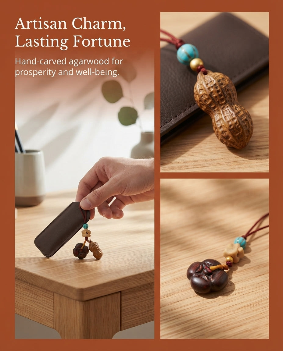 Handcrafted Chinese Wooden Pumpkin & Peanut Blessing Ornament – Traditional Charm for Prosperity, Abundance & Good Fortune