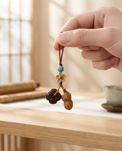 Handcrafted Chinese Wooden Pumpkin & Peanut Blessing Ornament – Traditional Charm for Prosperity, Abundance & Good Fortune