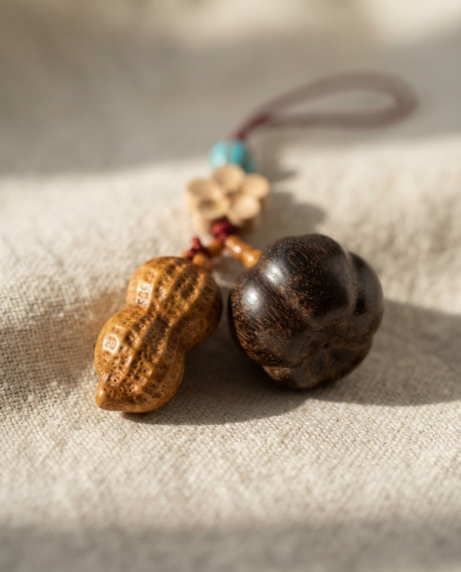 Handcrafted Chinese Wooden Pumpkin & Peanut Blessing Ornament – Traditional Charm for Prosperity, Abundance & Good Fortune