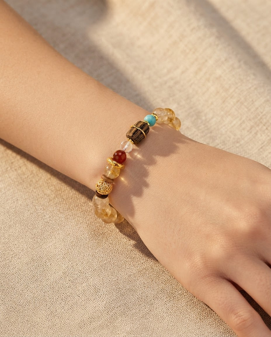 Golden Crystal & Agarwood Multi-Stone Bracelet – Feng Shui Inspired Bracelet for Success, Prosperity & Positive Connections