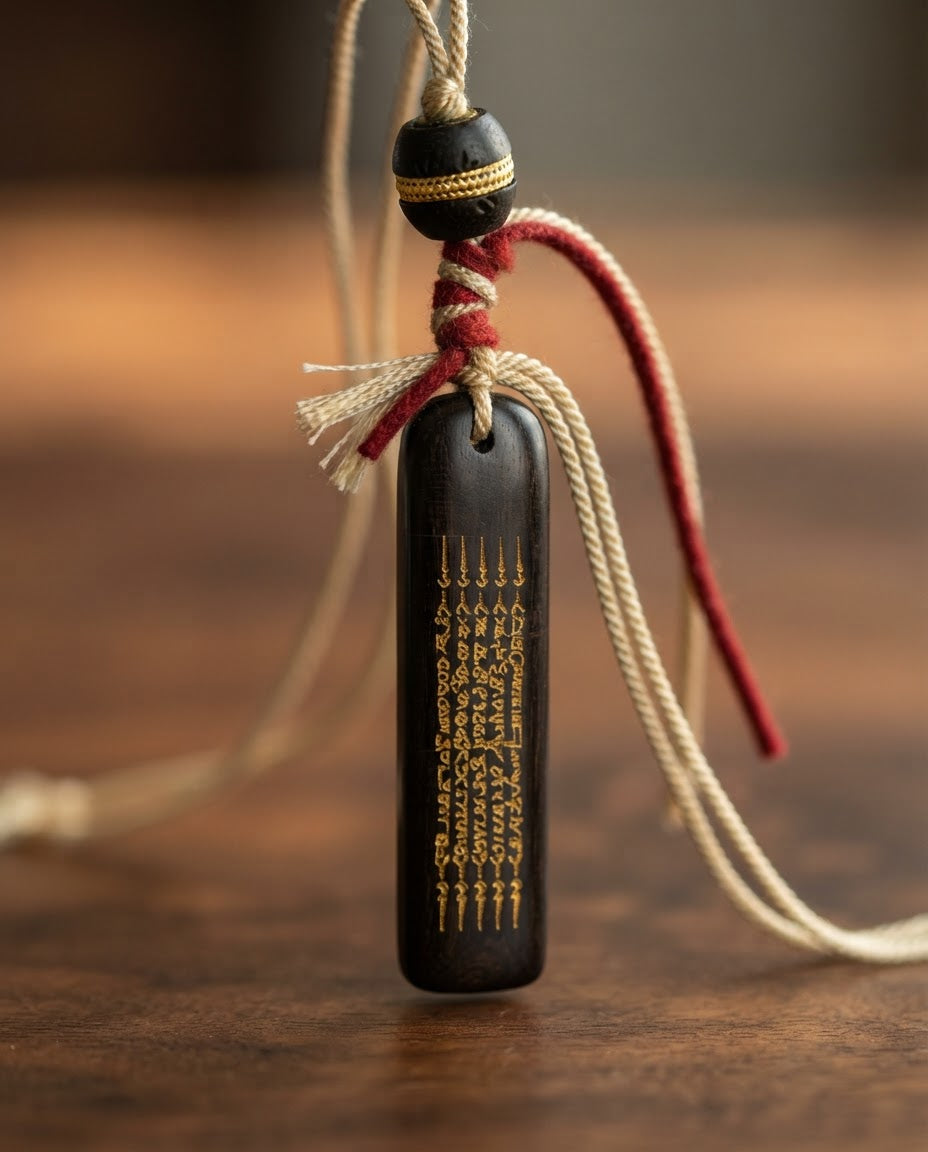 Thai Ebony Wood Five Sacred Verses Pendant – Traditional Buddhist Inspired Charm for Prosperity, Harmony & Positive Energy