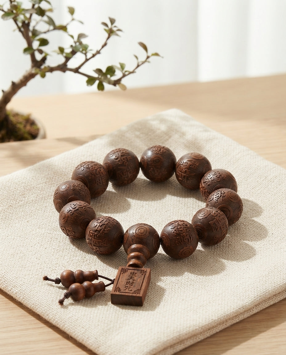 Huanghuali Wood Mantra Carved Peace Bracelet – Premium Natural Wood Bracelet for Calm, Stability & Prosperity Symbolism