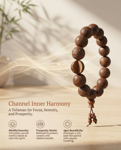 Huanghuali Wood Mantra Carved Peace Bracelet – Premium Natural Wood Bracelet for Calm, Stability & Prosperity Symbolism