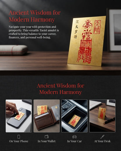Taoist Annual Blessing Amulet – Traditional Chinese Gold Foil Cinnabar Charm for Protection, Harmony & Good Fortune