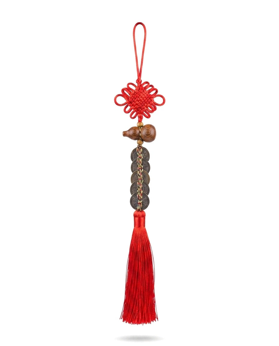 Chinese Taoist Feng Shui Peach Wood Gourd Black Five Emperor Coins Charm – Protection, Wealth Luck, Negative Energy Balance & Obstacle Clearing Amulet