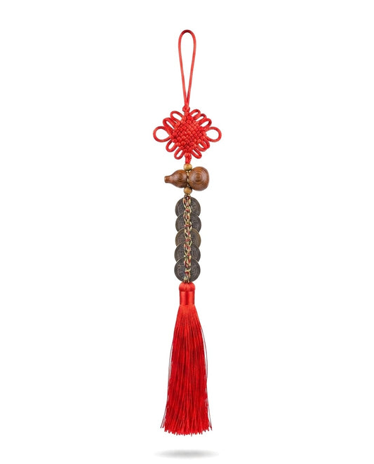 Chinese Taoist Feng Shui Peach Wood Gourd Black Five Emperor Coins Charm – Protection, Wealth Luck, Negative Energy Balance & Obstacle Clearing Amulet
