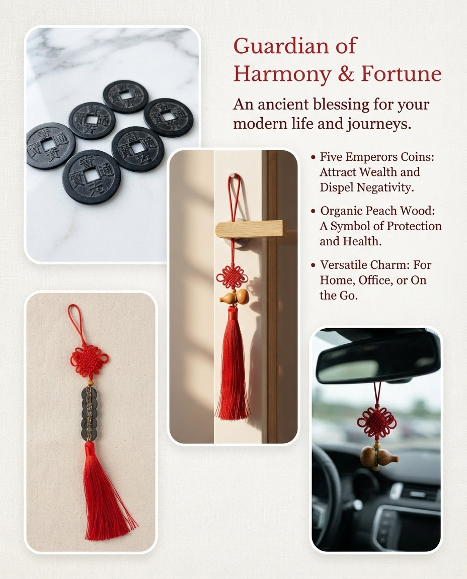 Chinese Taoist Feng Shui Peach Wood Gourd Black Five Emperor Coins Charm – Protection, Wealth Luck, Negative Energy Balance & Obstacle Clearing Amulet