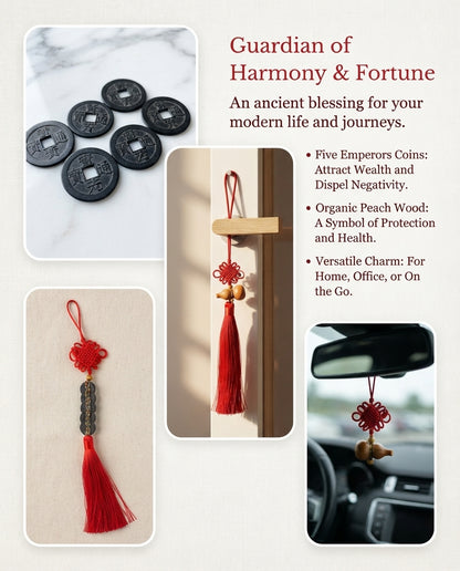 Chinese Taoist Feng Shui Peach Wood Gourd Black Five Emperor Coins Charm – Protection, Wealth Luck, Negative Energy Balance & Obstacle Clearing Amulet