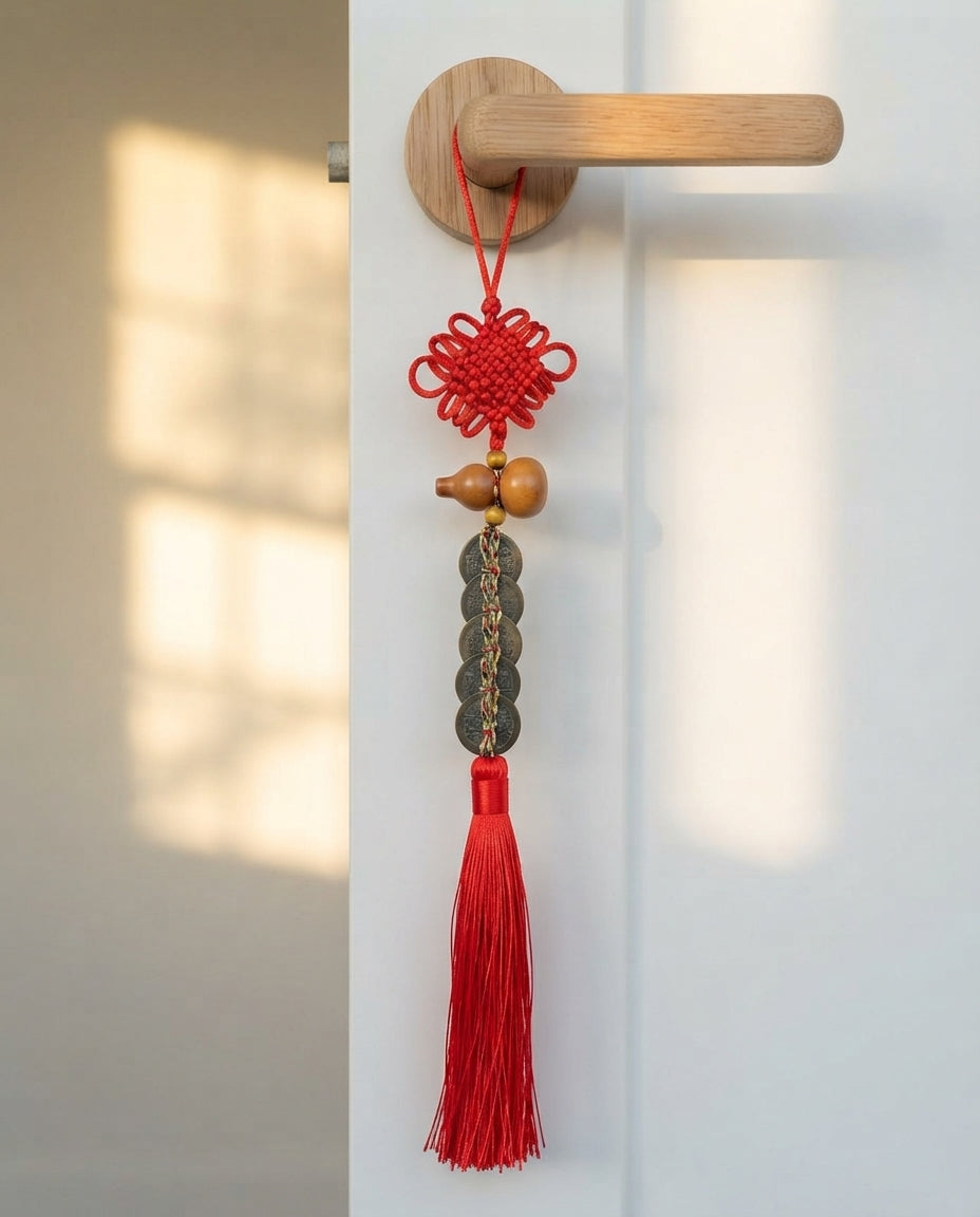 Chinese Taoist Feng Shui Peach Wood Gourd Black Five Emperor Coins Charm – Protection, Wealth Luck, Negative Energy Balance & Obstacle Clearing Amulet