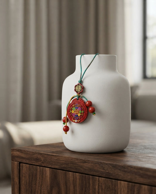 Cinnabar Painted Six-Syllable Mantra Lotus Pendant – Traditional Chinese Blessing Charm for Peace, Mindfulness & Positive Energy