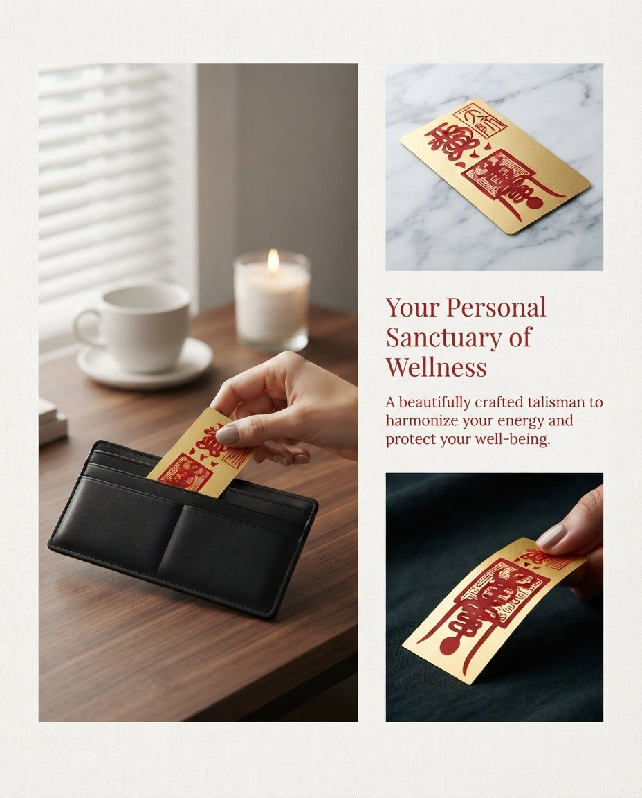 Chinese Taoist Wellness Talisman | Gold Foil & Cinnabar Charm for Harmony, Protection and Inner Balance