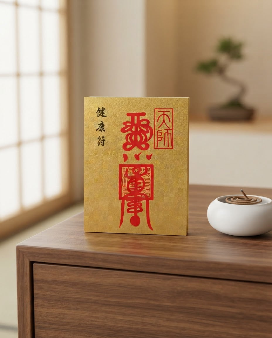 Chinese Taoist Wellness Talisman | Gold Foil & Cinnabar Charm for Harmony, Protection and Inner Balance
