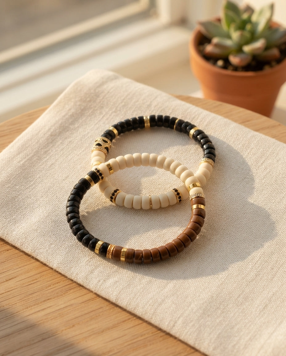 Ivory Nut & Coconut Shell Color Block Bracelet – Natural Wooden Bracelet for Confidence, Balance & Prosperity Symbolism