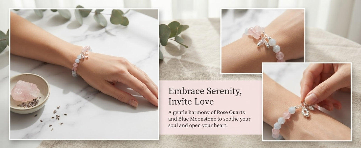 Moonstone & Rose Quartz Heart Bracelet – Natural Crystal Bracelet for Love, Harmony & Positive Connections