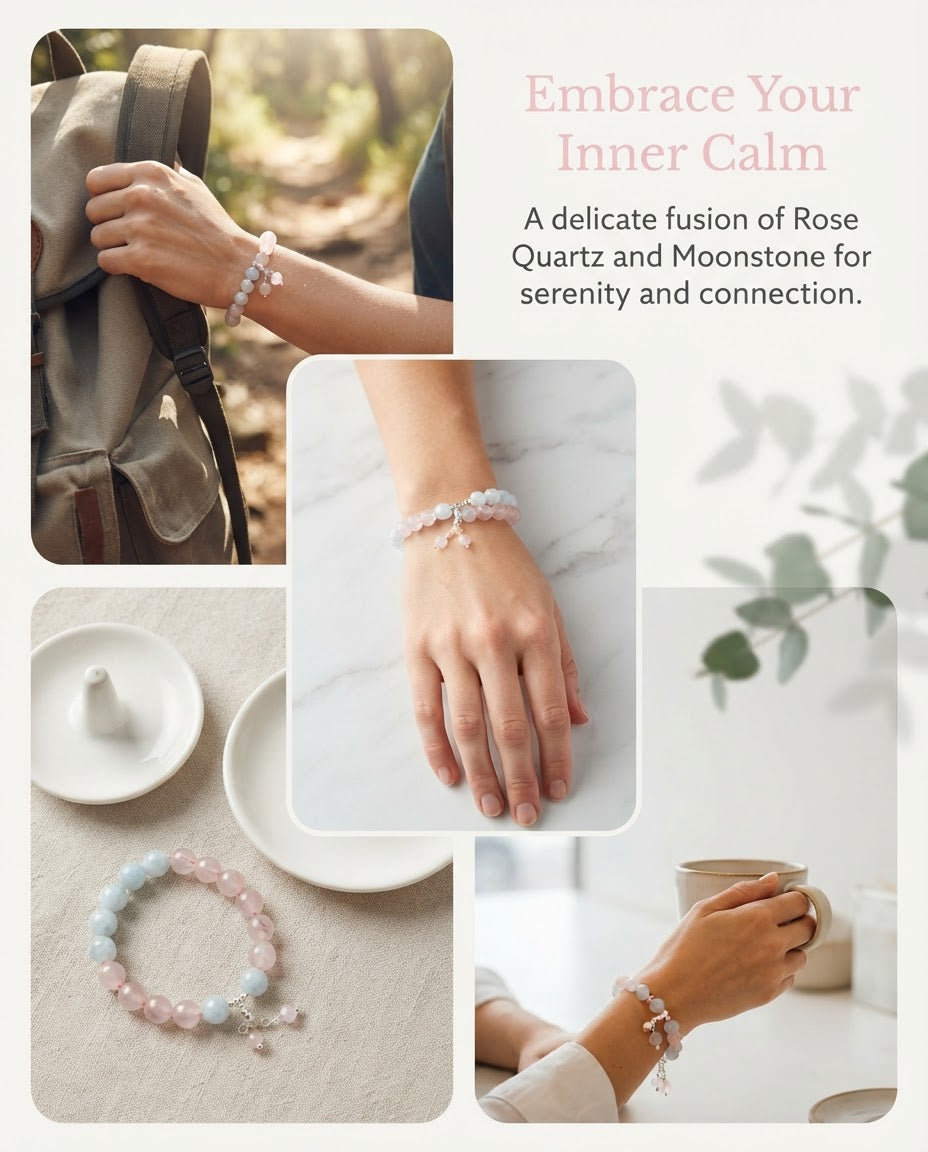 Moonstone & Rose Quartz Heart Bracelet – Natural Crystal Bracelet for Love, Harmony & Positive Connections