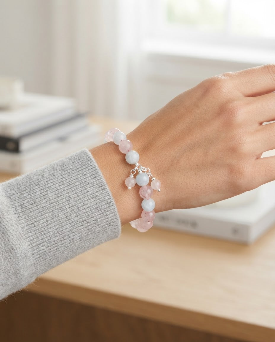 Moonstone & Rose Quartz Heart Bracelet – Natural Crystal Bracelet for Love, Harmony & Positive Connections