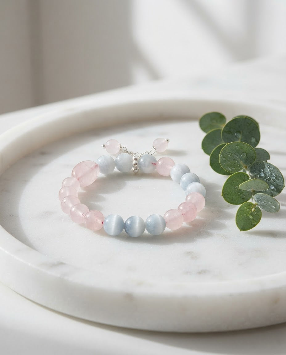 Moonstone & Rose Quartz Heart Bracelet – Natural Crystal Bracelet for Love, Harmony & Positive Connections