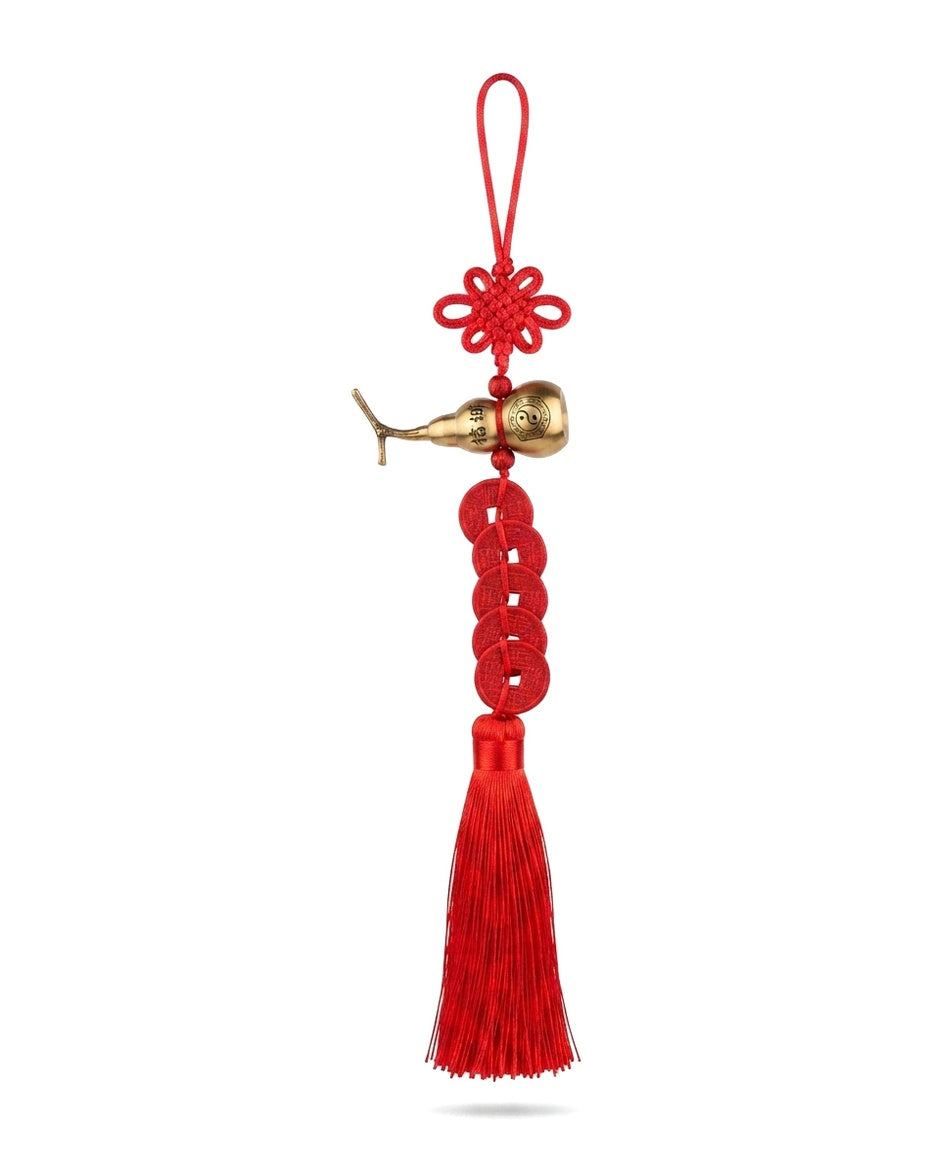 Chinese Taoist Feng Shui Titanium Gourd Red Face Five Emperor Coins Chinese Knot Charm – Protection, Wealth Luck, Energy Balance & Obstacle Clearing Amulet