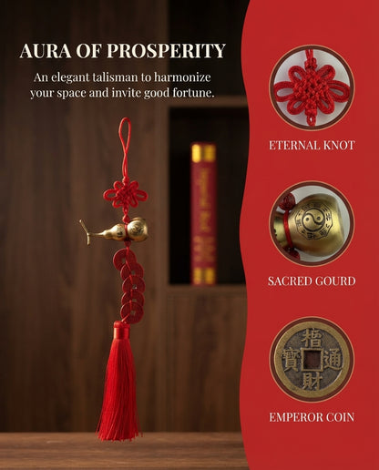 Chinese Taoist Feng Shui Titanium Gourd Red Face Five Emperor Coins Chinese Knot Charm – Protection, Wealth Luck, Energy Balance & Obstacle Clearing Amulet