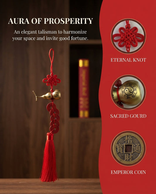 Chinese Taoist Feng Shui Titanium Gourd Red Face Five Emperor Coins Chinese Knot Charm – Protection, Wealth Luck, Energy Balance & Obstacle Clearing Amulet