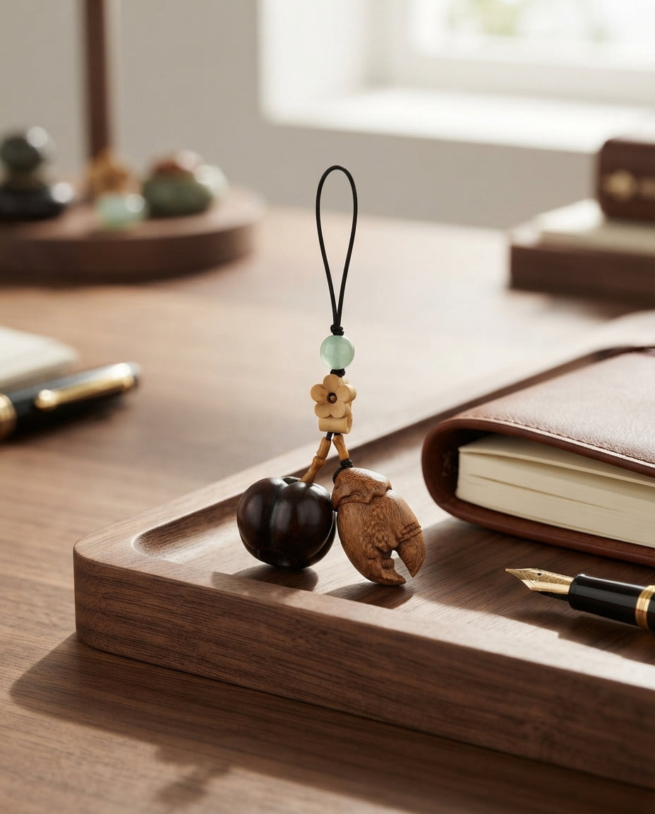 Handcrafted Wooden Crab Claw & Pumpkin Prosperity Ornament – Chinese Traditional Charm for Wealth, Success & Abundance