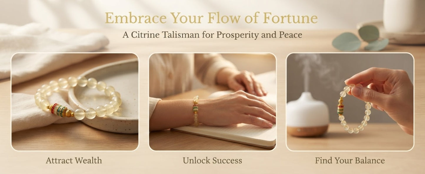 Lemon Crystal Five Blessings Fortune Pouch Bracelet – Feng Shui Inspired Bracelet for Prosperity, Success & Positive Energy