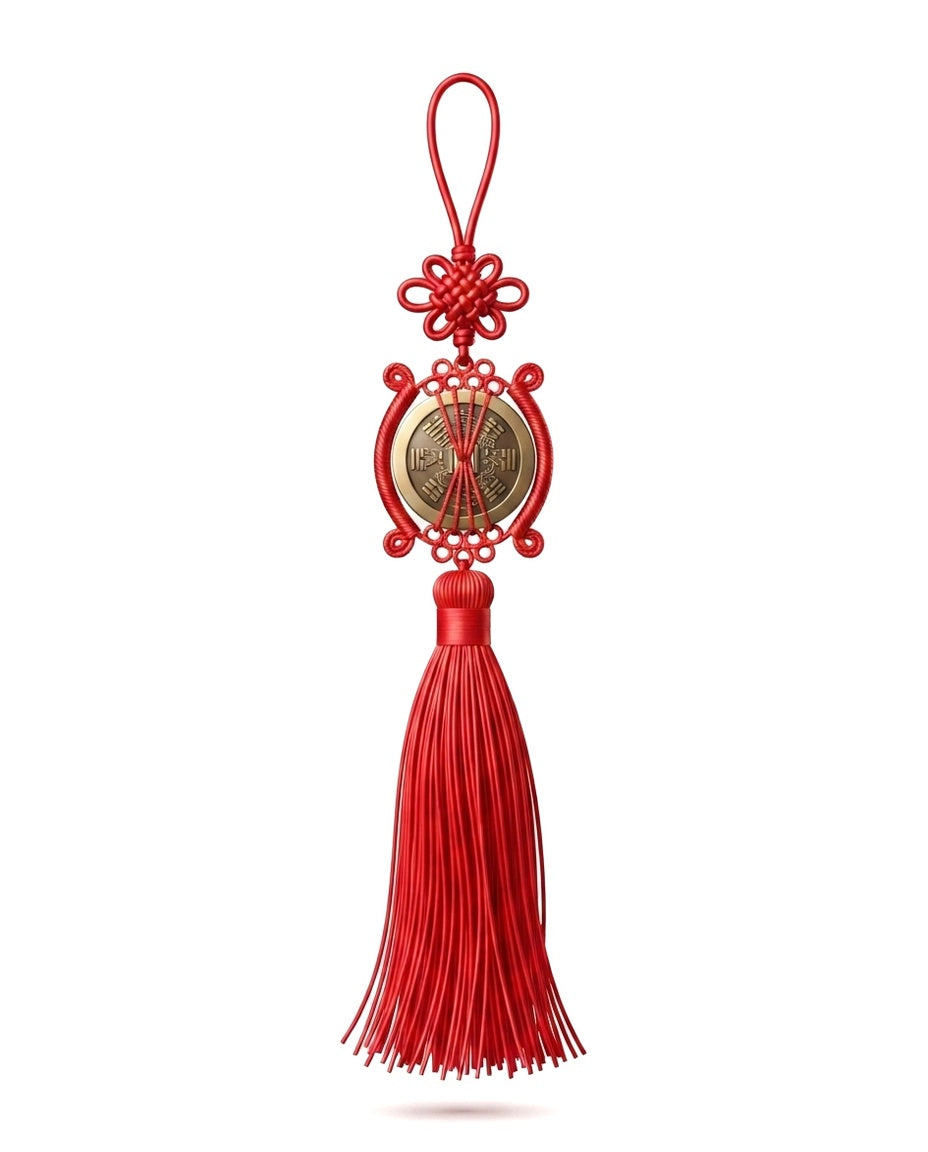 Chinese Taoist Feng Shui Mountain Ghost Bagua Coin Charm with Large Tassel Chinese Knot – Protection, Wealth Luck & Energy Harmony Amulet