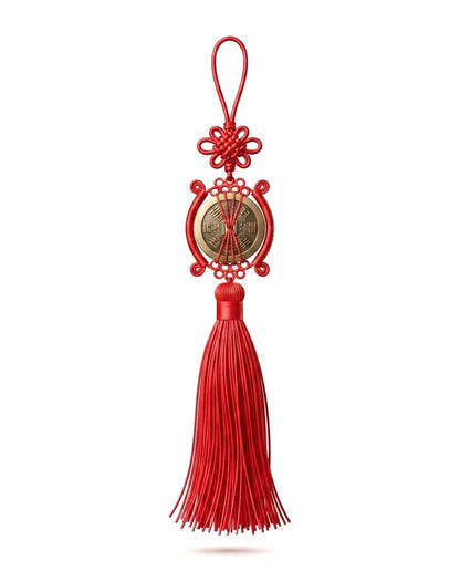 Chinese Taoist Feng Shui Mountain Ghost Bagua Coin Charm with Large Tassel Chinese Knot – Protection, Wealth Luck & Energy Harmony Amulet