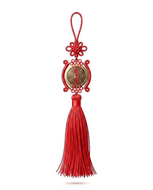 Chinese Taoist Feng Shui Mountain Ghost Bagua Coin Charm with Large Tassel Chinese Knot – Protection, Wealth Luck & Energy Harmony Amulet