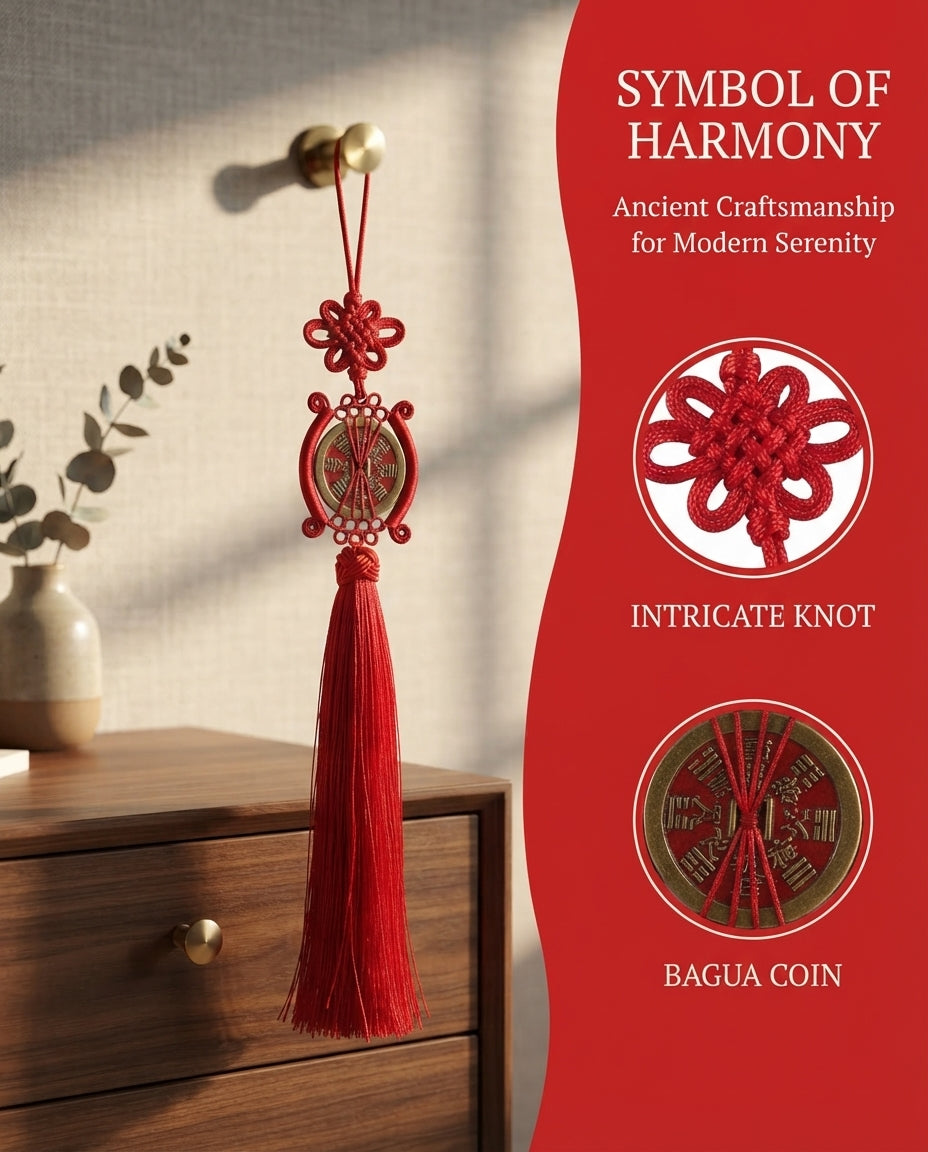 Chinese Taoist Feng Shui Mountain Ghost Bagua Coin Charm with Large Tassel Chinese Knot – Protection, Wealth Luck & Energy Harmony Amulet