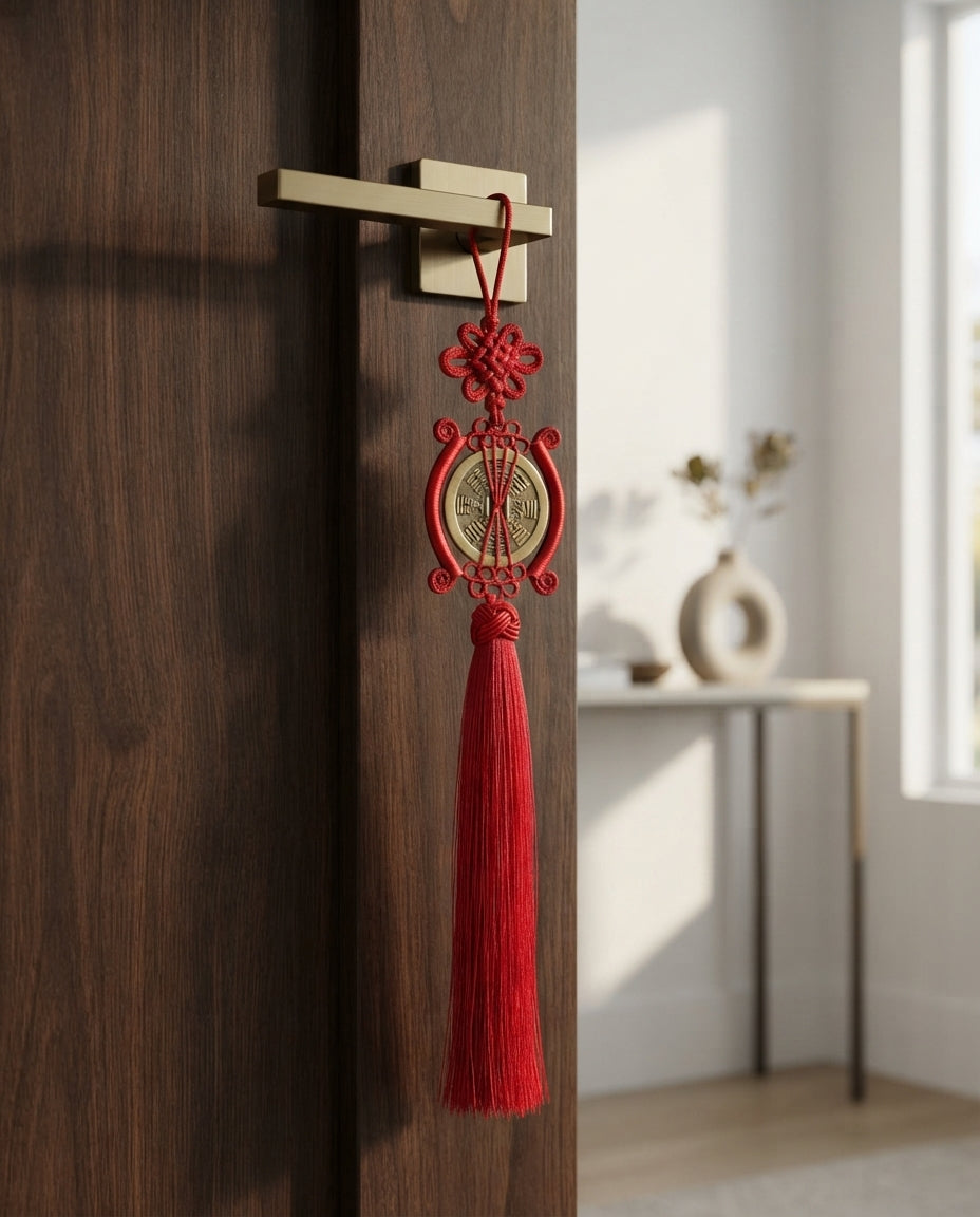 Chinese Taoist Feng Shui Mountain Ghost Bagua Coin Charm with Large Tassel Chinese Knot – Protection, Wealth Luck & Energy Harmony Amulet