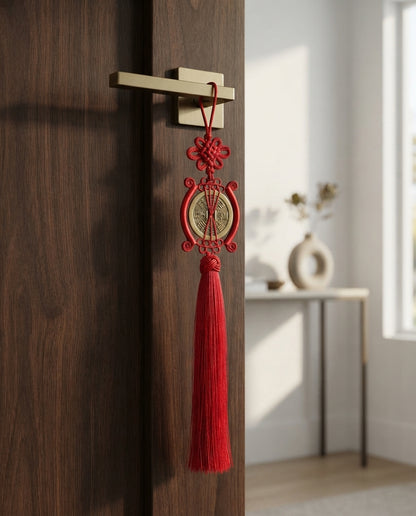 Chinese Taoist Feng Shui Mountain Ghost Bagua Coin Charm with Large Tassel Chinese Knot – Protection, Wealth Luck & Energy Harmony Amulet