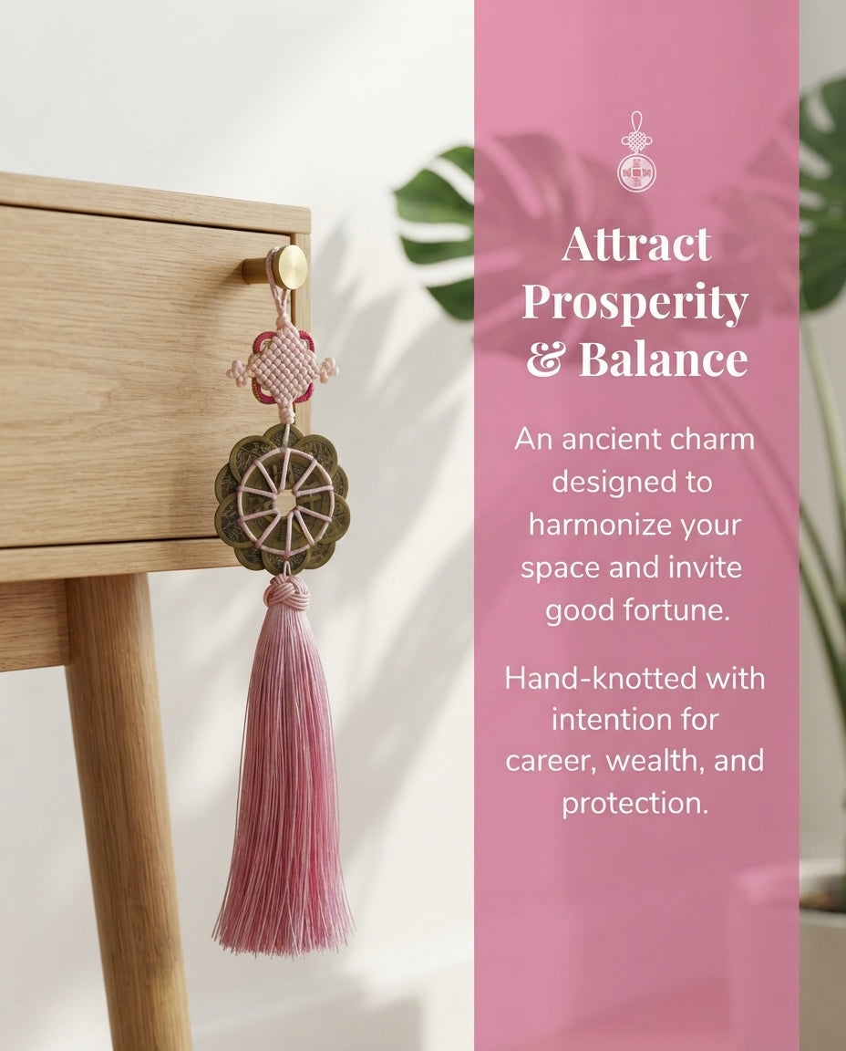 Taoist Ten Emperor Coins Plum Blossom Fortune Knot Charm – Feng Shui Wealth, Protection & Prosperity Hanging Ornament