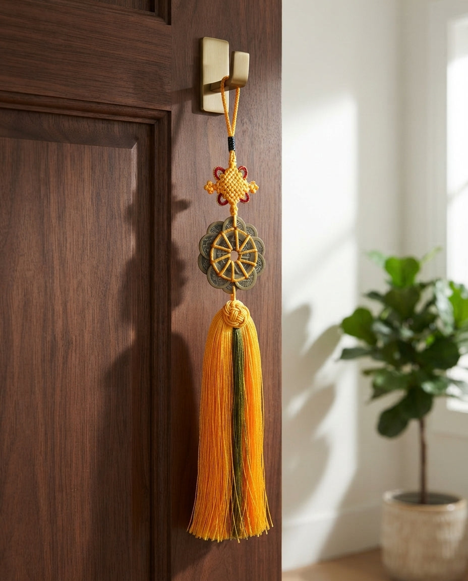 Taoist Ten Emperor Coins Plum Blossom Fortune Knot Charm – Feng Shui Wealth, Protection & Prosperity Hanging Ornament