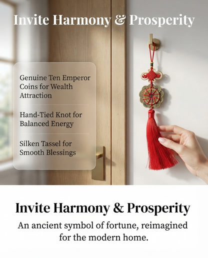 Taoist Ten Emperor Coins Plum Blossom Fortune Knot Charm – Feng Shui Wealth, Protection & Prosperity Hanging Ornament