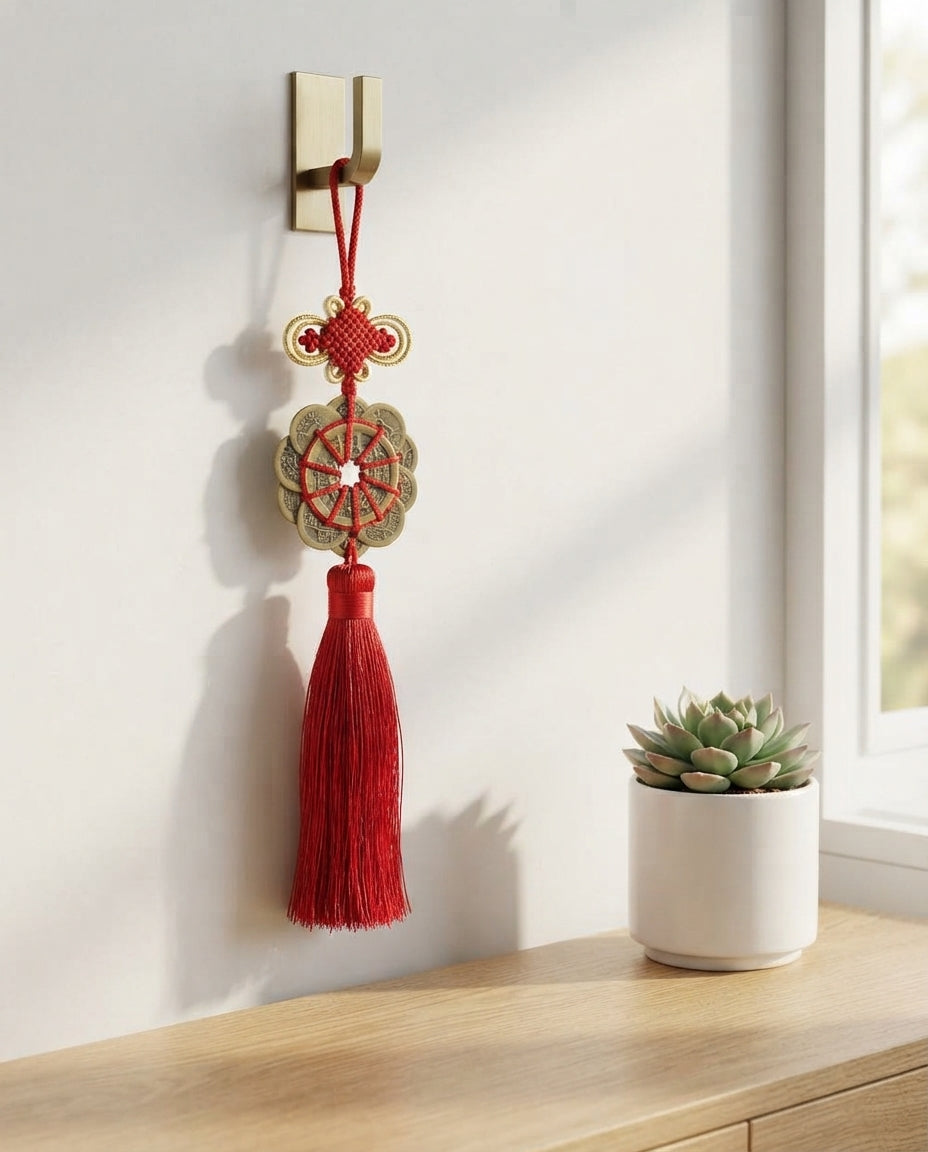 Taoist Ten Emperor Coins Plum Blossom Fortune Knot Charm – Feng Shui Wealth, Protection & Prosperity Hanging Ornament