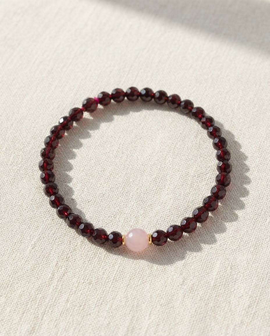 Natural Garnet & Pink Chalcedony Bracelet – Elegant Crystal Beaded Bracelet for Calm Energy, Harmony & Prosperity