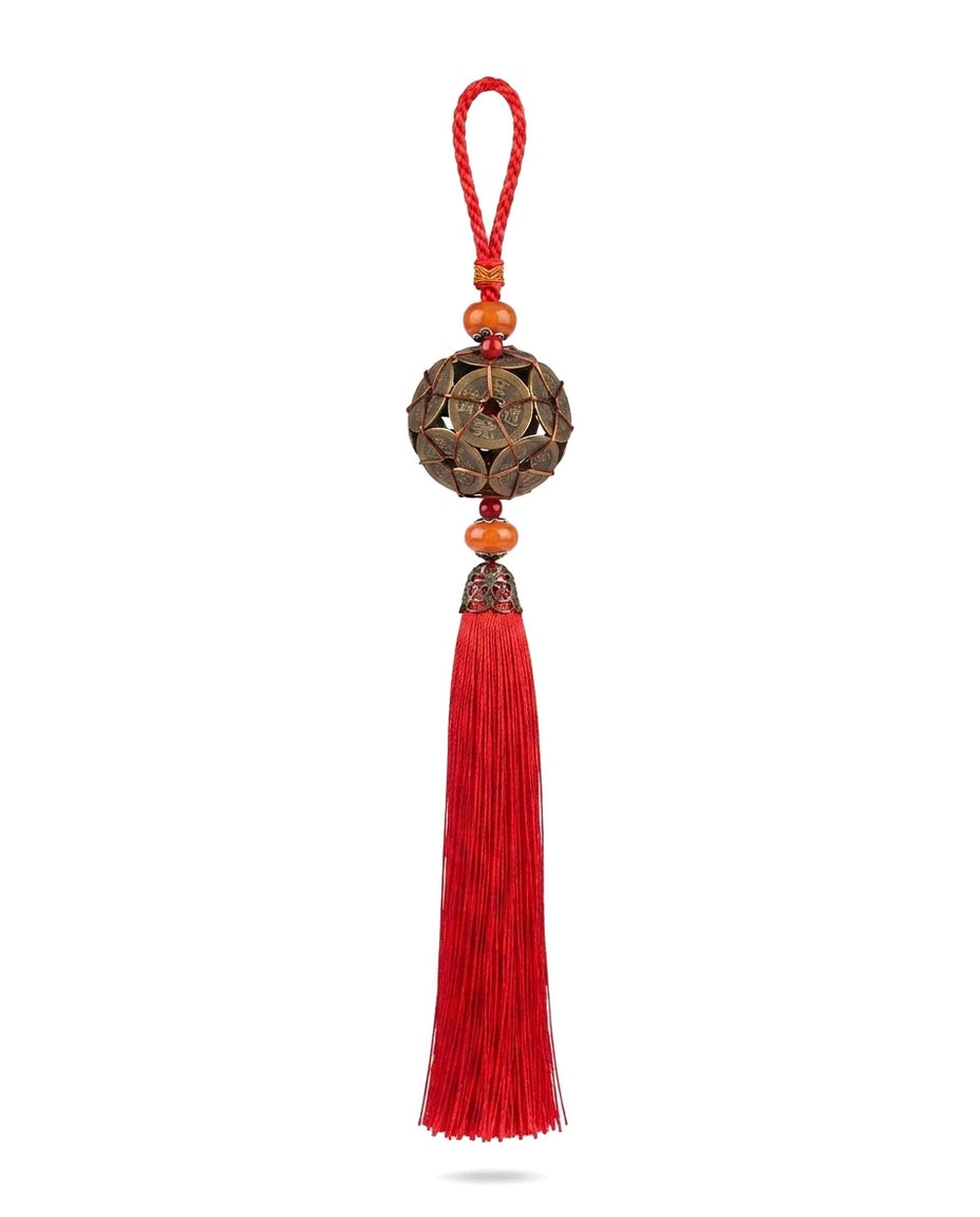 Chinese Taoist Feng Shui Ten Emperor Coins Road Opener Charm with Large Tassel – Wealth Attraction, Protection, Good Fortune & Obstacle Clearing Amulet